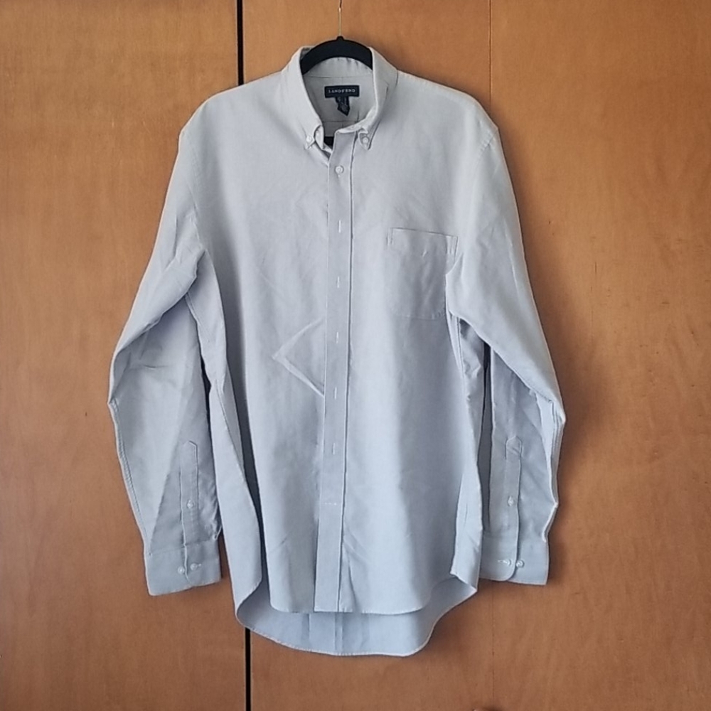 Mens Lands End Gray Button Up Shirt Size Large Classic Office Dress Shirt